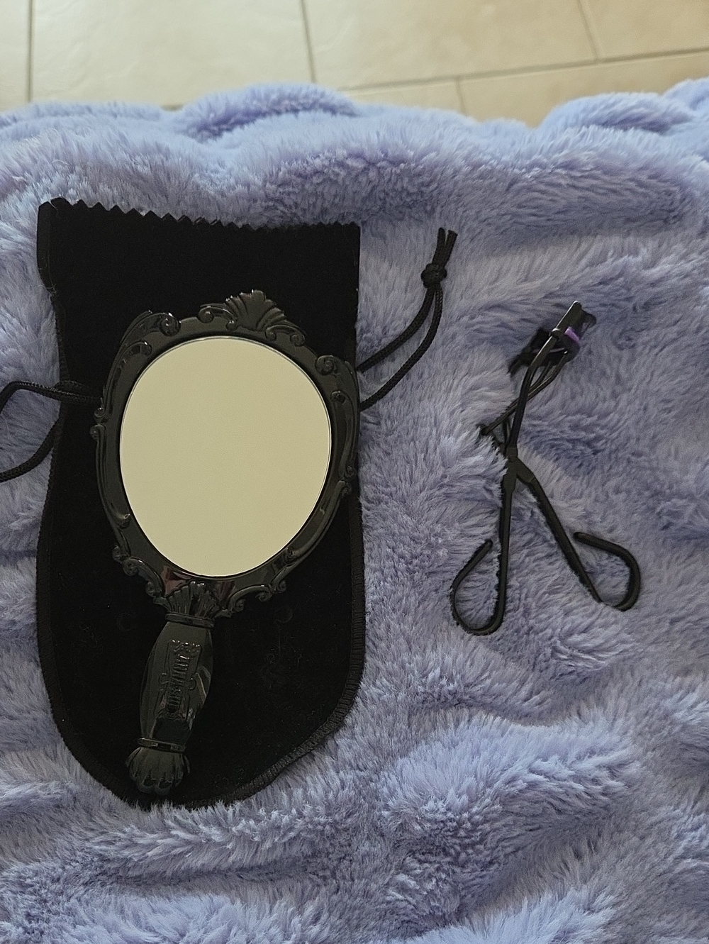 Anna Sui Black Hand Mirror with Velvet Pouch